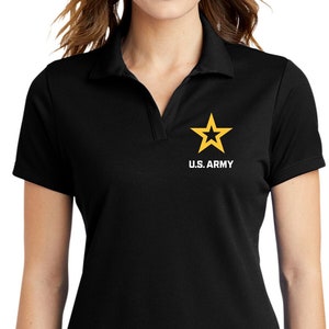 May include: Black short-sleeved polo shirt with a yellow star and the text "U.S. ARMY" on the left chest.