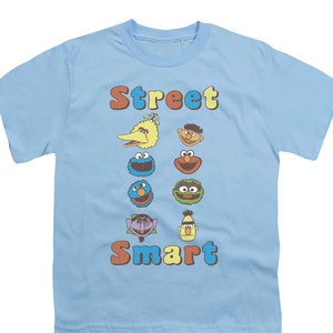 May include: Light blue t-shirt with a Sesame Street theme. The shirt features the text "Street Smart" in colorful letters and a vertical row of Sesame Street characters' faces.
