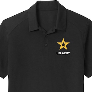 May include: Black short-sleeved polo shirt with a yellow star and the text "U.S. ARMY" embroidered on the left chest.