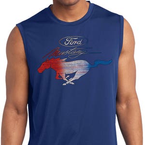 Mustang Red White and Blue Men&#39;s Ford Sleeveless Moisture Wicking Tee T-Shirt 21528HD2-ST352