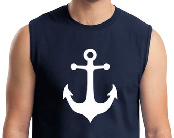 Men's Sailing Shirt White Anchor Cruise Sleeveless Muscle Tee T-Shirt WHTANCHOR-2700