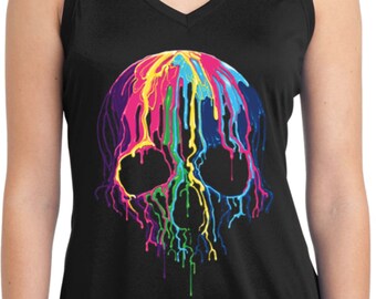 Ladies Halloween Melting Skulls Moisture Wicking Sleeveless Tee T-Shirt 19423BT2-LST352