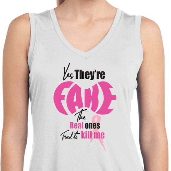 Ladies Breast Cancer Awareness Yes, They’re Fake Moisture Wicking Sleeveless Tank Top 19973E4-LST352