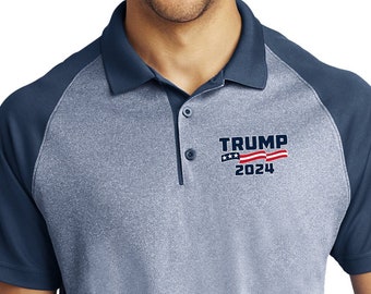 Donald Trump 2024 Chest Print Men's Raglan Heather Block Polo Shirt 23661EL9-PP-ST641