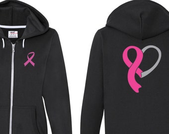 Breast Cancer Awareness Pink Ribbon Heart Ribbon Front & Back Print Full Zip Hoodie FBHEART-71600FL