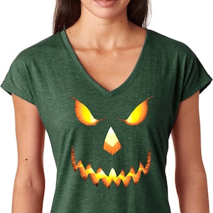 Halloween Pumpkin Head Ladies Tri-Blend V-Neck Shirt PUMPKINHEAD-6750VL