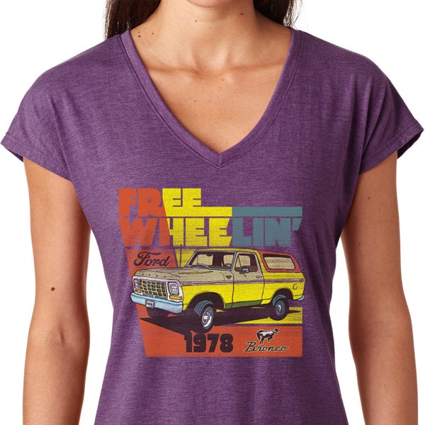 Ford 78 Bronco Free Wheelin' Ladies Tri-Blend V-Neck Tee T-Shirt 22575D1-6750VL