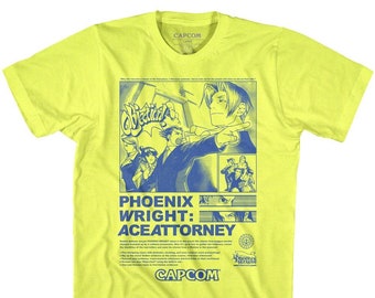 Camisa jaspeada amarilla neón con anuncio impreso de Ace Attorney