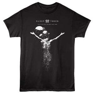 May include: A black short-sleeve t-shirt featuring a white graphic print of a figure with arms outstretched, dissolving into particles and celestial spheres. The text SLEEP TOKEN and THIS PLACE WILL BECOME YOUR TOMB is printed in white above the figure.