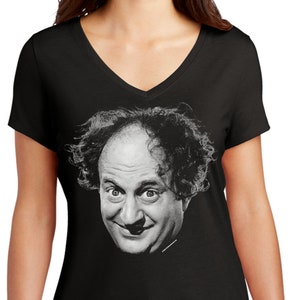 The Three Stooges Larry Face Ladies Black Tri-Blend V-Neck Shirt 26287ED1-DM1350L