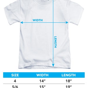 May include: A chart showing the sizing for juvenile short-sleeve t-shirts. The chart shows the width and length of the shirts in inches for sizes 4, 5/6, and 7.  Allow +/- 1/2 inch tolerance on all measurements.