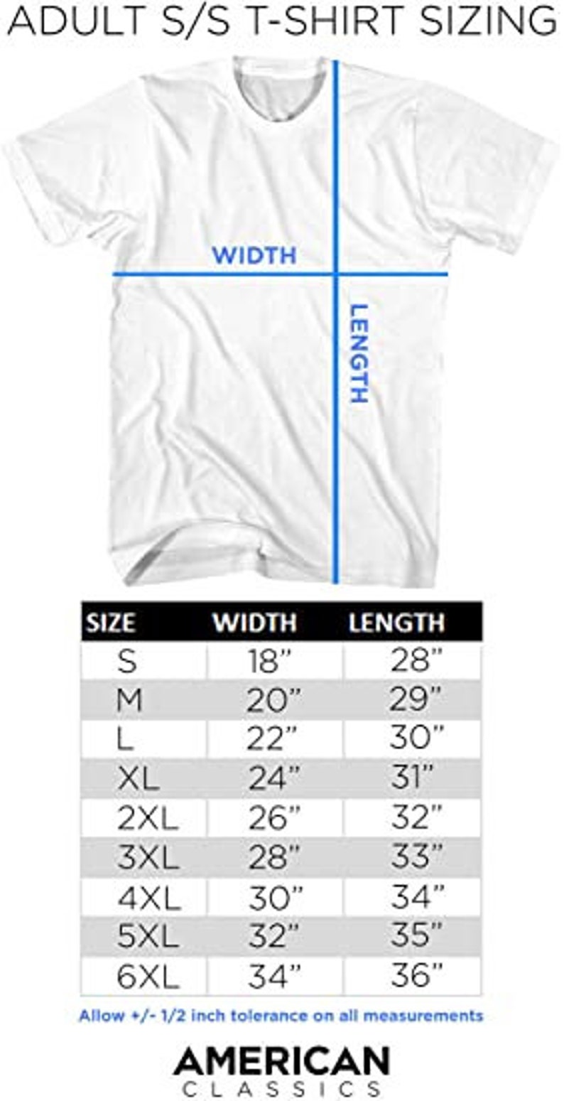 May include: A chart showing the size and measurements of adult short-sleeved t-shirts. The chart shows the width and length of the shirts in inches for sizes S through 6XL. The chart also includes the text "Allow +/- 1/2 inch tolerance on all measurements" and the logo "AMERICAN CLASSICS".