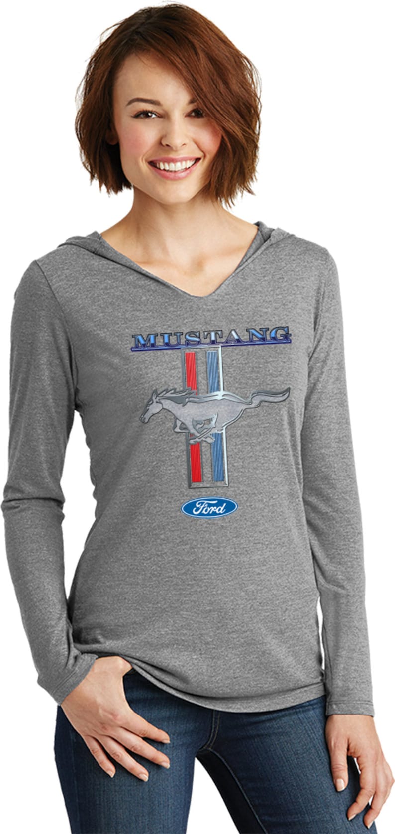 Ford Mustang Stripe Ladies Tri Blend Long Sleeve Hoodie Shirt 13732D1-DM139L