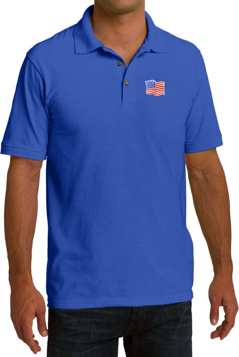 Amerikansk flagga pikétröja USA-flagga Patriotisk golfpiké - viftande flagga Royal