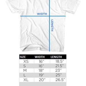 May include: White youth short-sleeve t-shirt with sizing information. The image includes a size chart with measurements in inches for width and length, ranging from XS to XL. The text "YOUTH S/S T-SHIRT SIZING" is at the top.