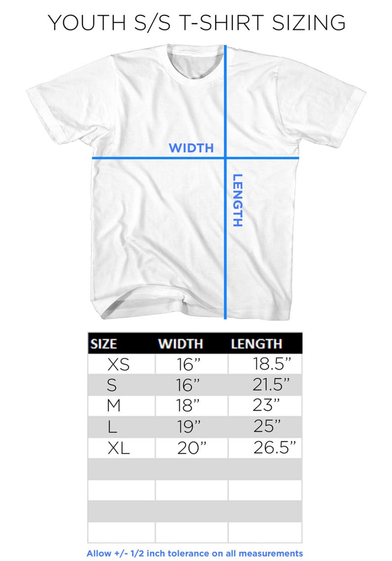 May include: White youth short-sleeve t-shirt with sizing information. The image includes a size chart with measurements in inches for width and length, ranging from XS to XL. The text "YOUTH S/S T-SHIRT SIZING" is at the top.