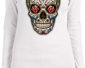 Sugar Skull with Roses Ladies Long Sleeve Tee T-Shirt WS-16553-5001