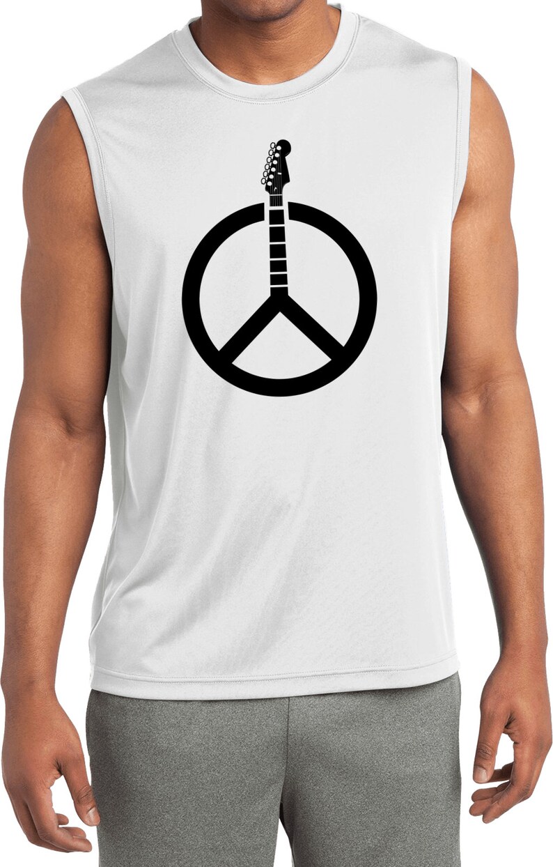 Guitar Peace Sign Men/'s Sleeveless Moisture Wicking Tee T-Shirt GUITARPEACE-ST352
