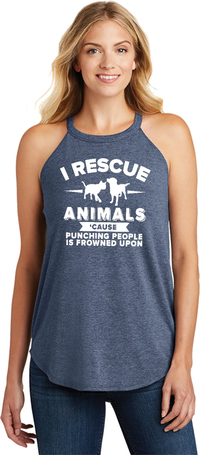 Ladies I Rescue Animals Cause Punching People is Frowned Upon Tri Blend Rocker Tank Top RESCUE-DT137L
