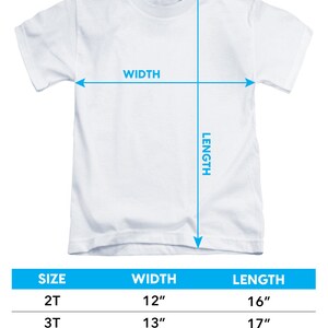 May include: A chart showing toddler t-shirt sizing with measurements in inches. The chart shows the width and length of t-shirts in sizes 2T, 3T, and 4T.