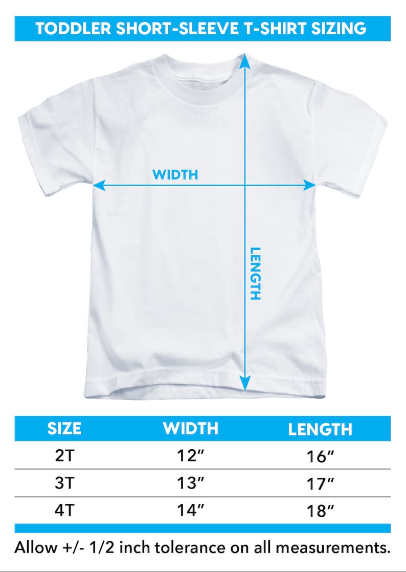 May include: A chart showing toddler t-shirt sizing with measurements in inches. The chart shows the width and length of t-shirts in sizes 2T, 3T, and 4T.