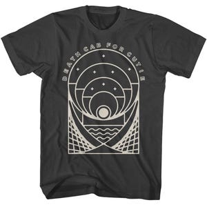 May include: Black t-shirt with a white graphic design of a geometric pattern with the text "Death Cab For Cutie" around the outside.