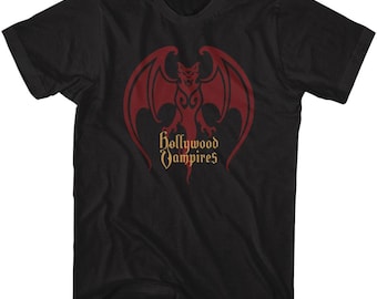 May include: Black t-shirt featuring a red bat graphic and the text "Hollywood Vampires" in gold lettering.