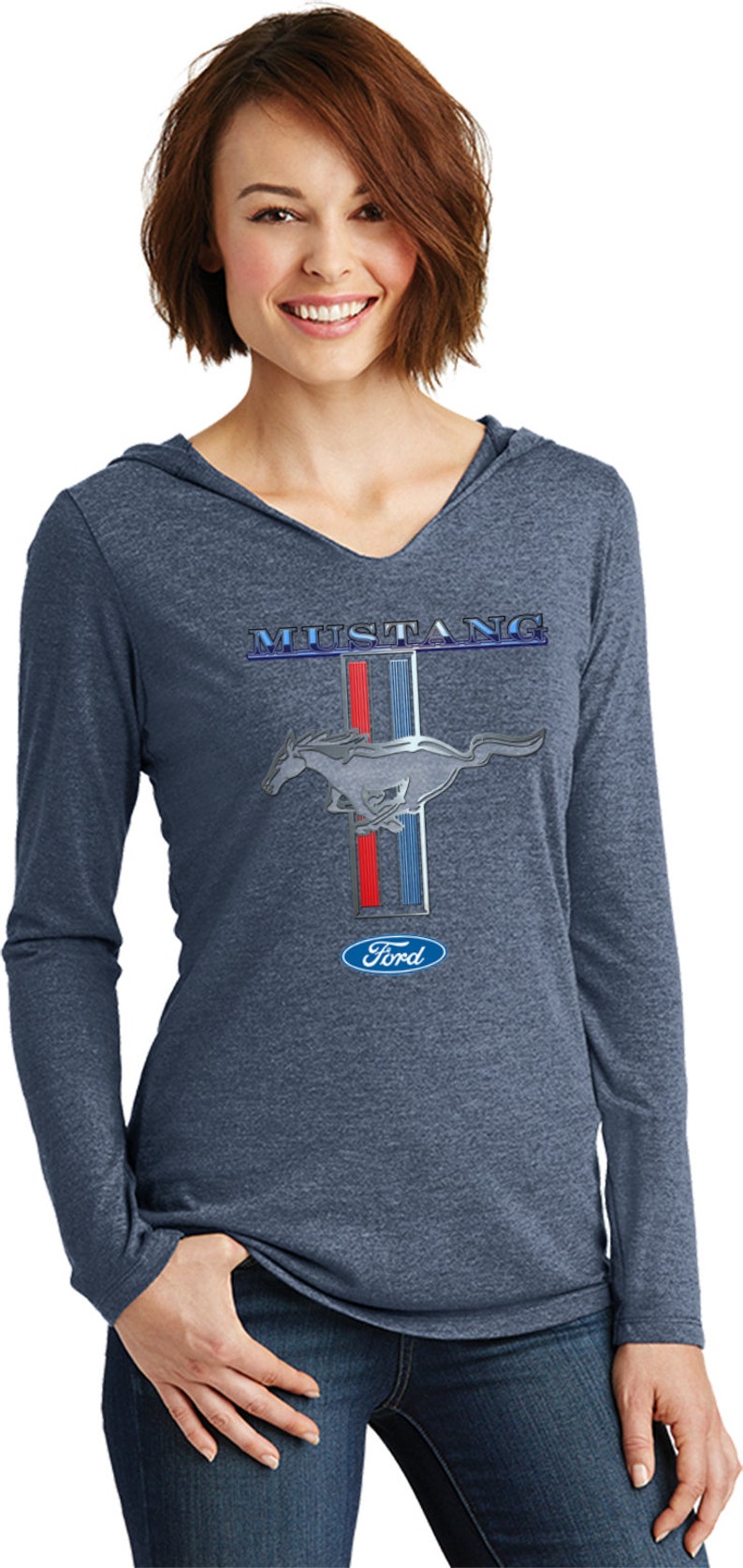 Ford Mustang Stripe Ladies Tri Blend Long Sleeve Hoodie Shirt 13732D1-DM139L