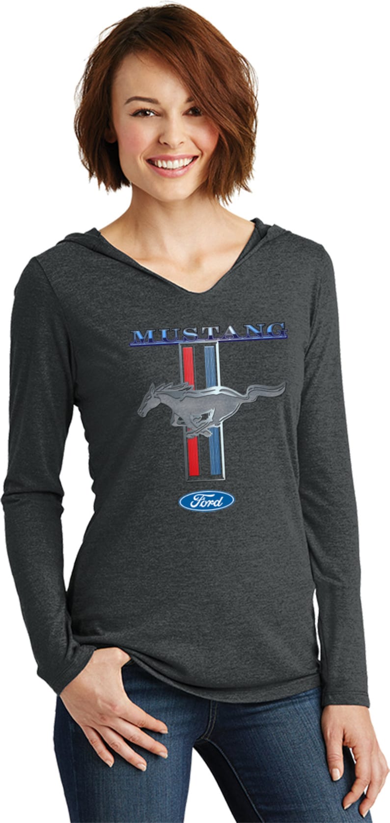 Ford Mustang Stripe Ladies Tri Blend Long Sleeve Hoodie Shirt 13732D1-DM139L