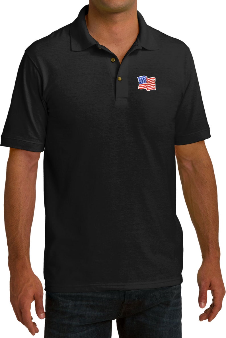 Amerikansk flagga pikétröja USA-flagga Patriotisk golfpiké - viftande flagga Svart
