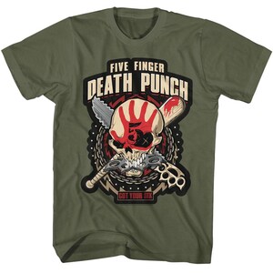 May include: Green t-shirt with a graphic of a skull with a bloody handprint on its forehead. The skull is holding a baseball bat and a pair of brass knuckles. The text "Five Finger Death Punch" and "Got Your Six" are printed on the shirt.