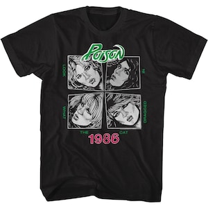 Poison &quot;Look What the Cat Dragged In&quot; Black Tee – Officially Licensed Band Shirt w/ Sketched Faces Logo