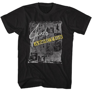 May include: Black t-shirt with a distressed graphic print of a newspaper clipping featuring the text "Jane's Addiction".