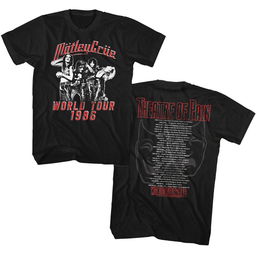 Motley Crue Theatre of Pain World Tour Front & Back Printed Black Motley Crue Theatre of Pain World Tour Front & Back Printed Black