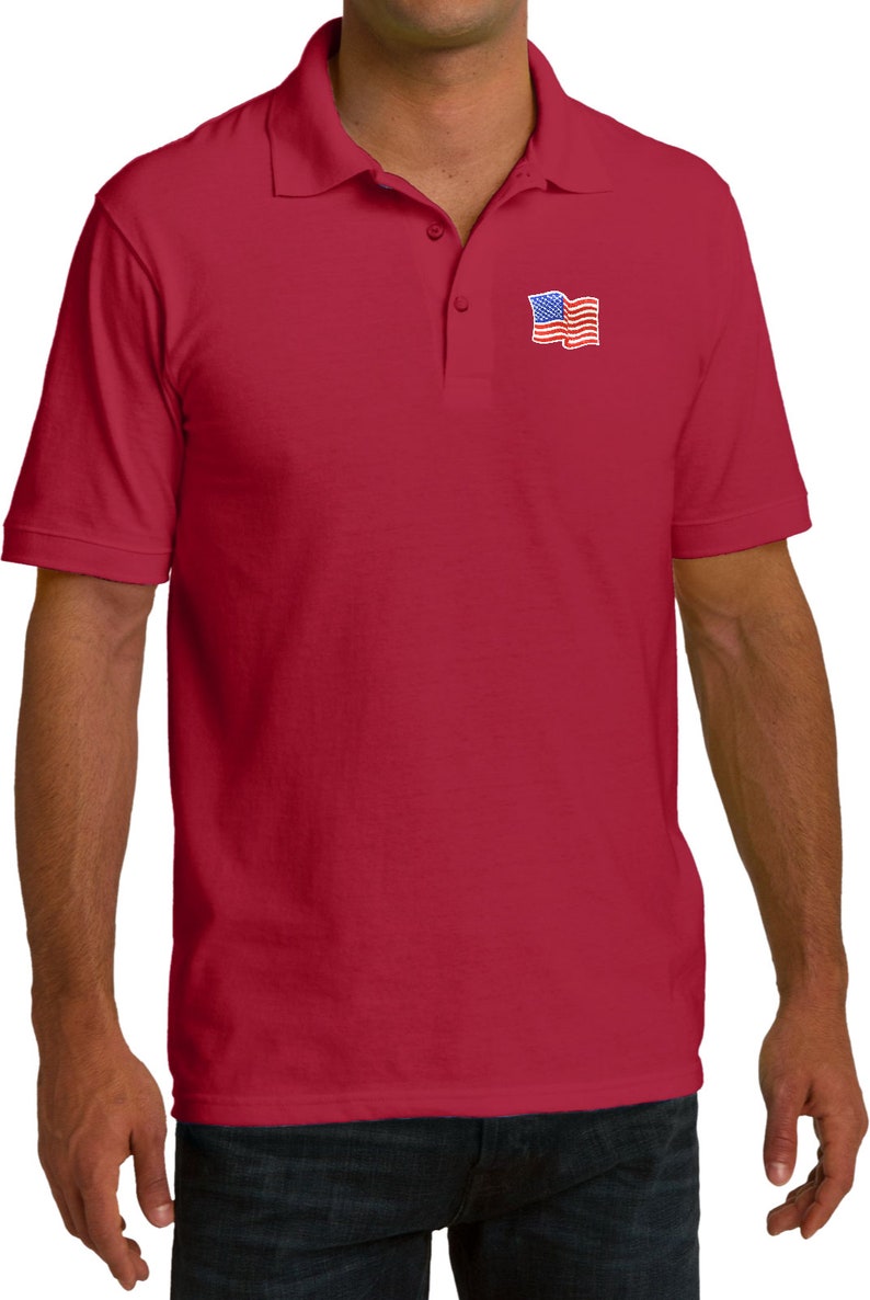 Amerikansk flagga pikétröja USA-flagga Patriotisk golfpiké - viftande flagga Röd