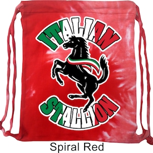 May include: Red, white, and green tie-dye drawstring bag with a black horse logo and the text "ITALIAN STALLION".