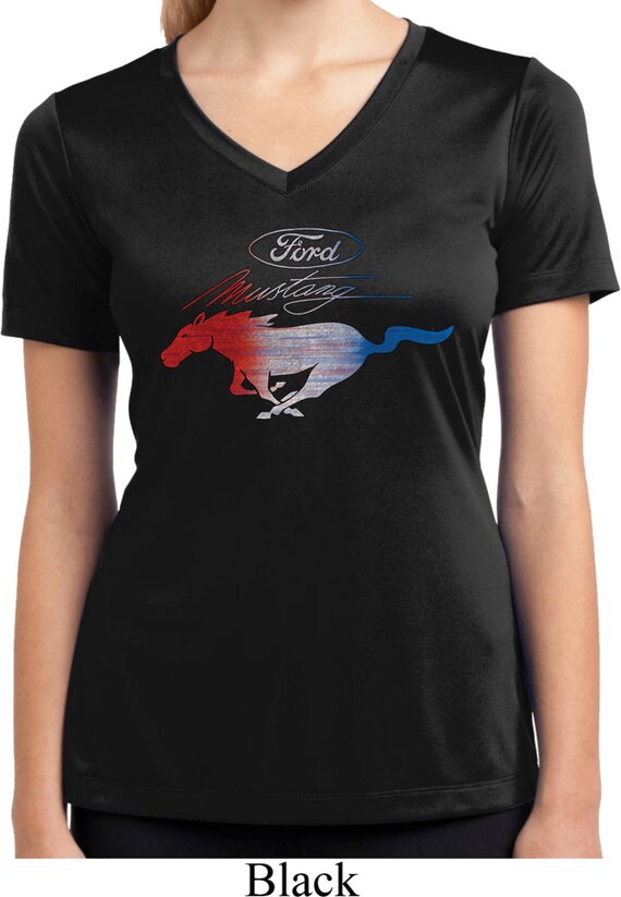 Ford Mustang Red White and Blue Ladies Moisture Wicking V