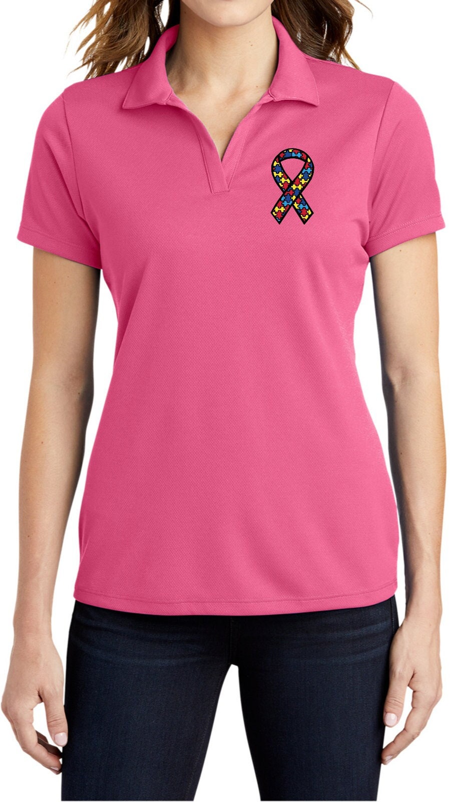 Ladies Autism Awareness Ribbon Chest Print Textured Polo T-Shirt AUTRIB-PP-LST640