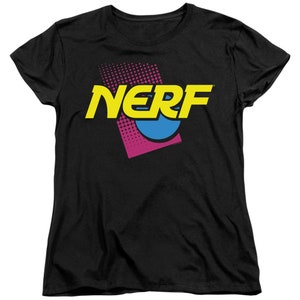 May include: Black t-shirt with a pink, blue, and yellow "NERF" logo. The logo is in a retro style with a dotted background.