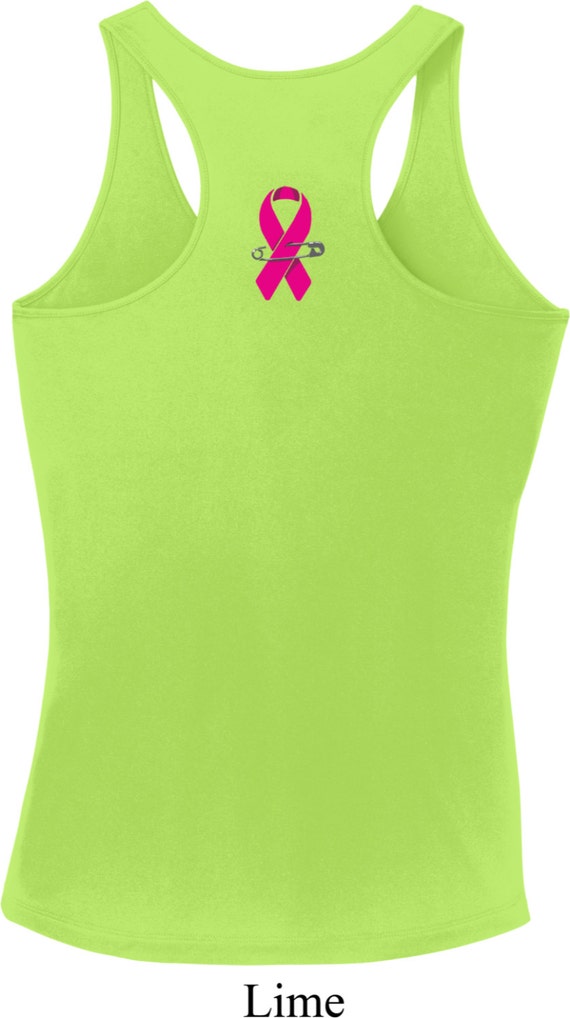 Pink Ribbon Pin Neck Print Ladies Breast Cancer Awareness Dry Wicking Racerback 18462-NP-LST356