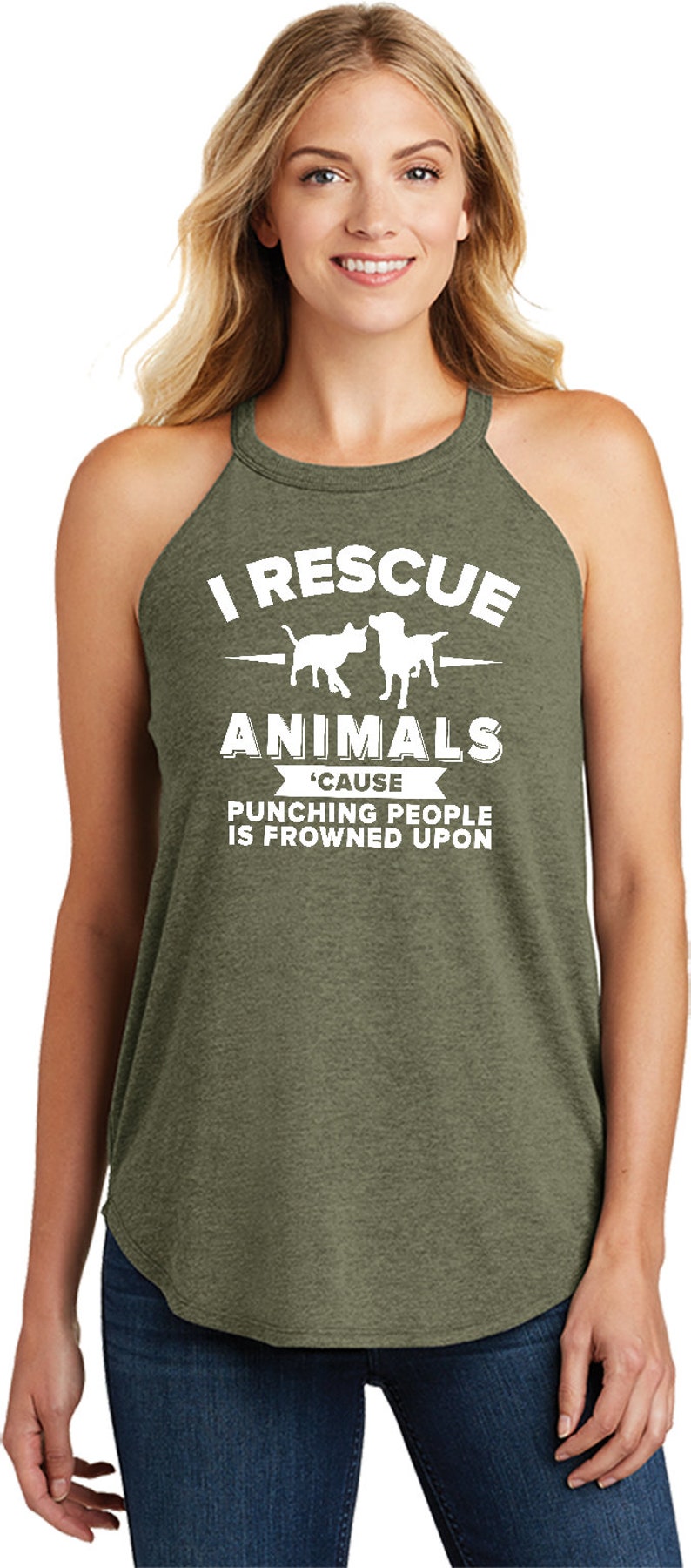 Ladies I Rescue Animals Cause Punching People is Frowned Upon Tri Blend Rocker Tank Top RESCUE-DT137L