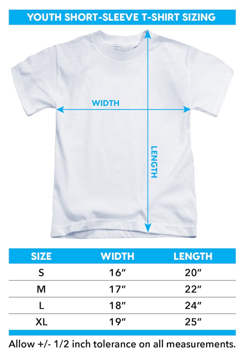 May include: Youth short-sleeve t-shirt sizing chart with measurements in inches. The chart shows the width and length of the shirt in sizes S, M, L, and XL.