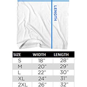 May include: A chart showing adult short-sleeve t-shirt sizing in inches. The chart shows the width and length measurements for sizes S through 6XL.