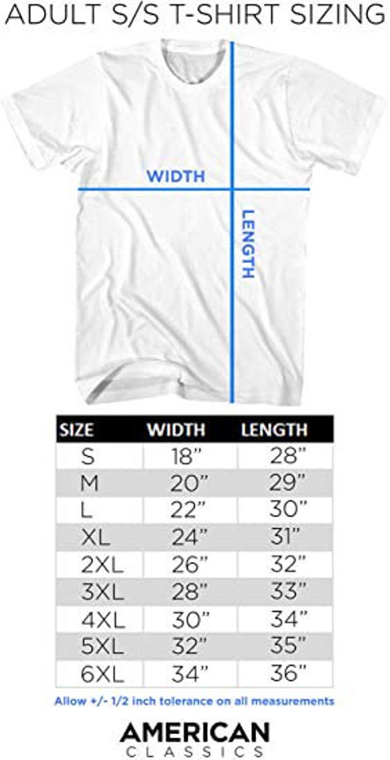 May include: A chart showing adult short-sleeve t-shirt sizing in inches. The chart shows the width and length measurements for sizes S through 6XL.