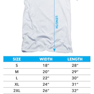 May include: A chart showing adult short-sleeve t-shirt sizing with measurements in inches. The chart shows the width and length of t-shirts in sizes S through 7XL.