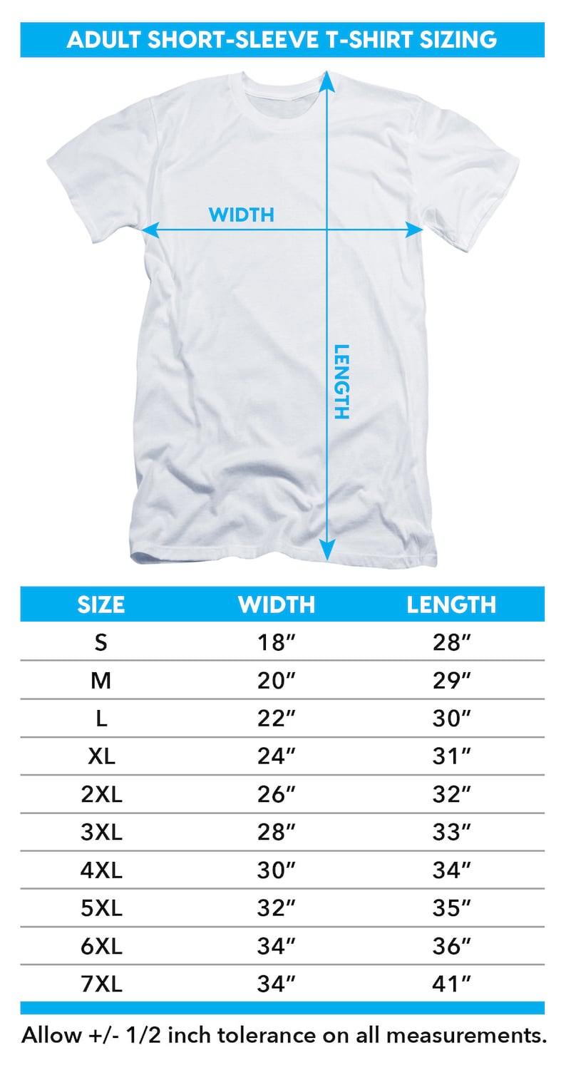 May include: A chart showing adult short-sleeve t-shirt sizing with measurements in inches. The chart shows the width and length of t-shirts in sizes S through 7XL.
