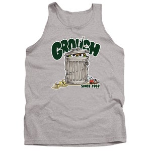 May include: A gray tank top with a green cartoon image of Oscar the Grouch from Sesame Street. Oscar is in a trash can with the words "Grouch Since 1969" printed below.