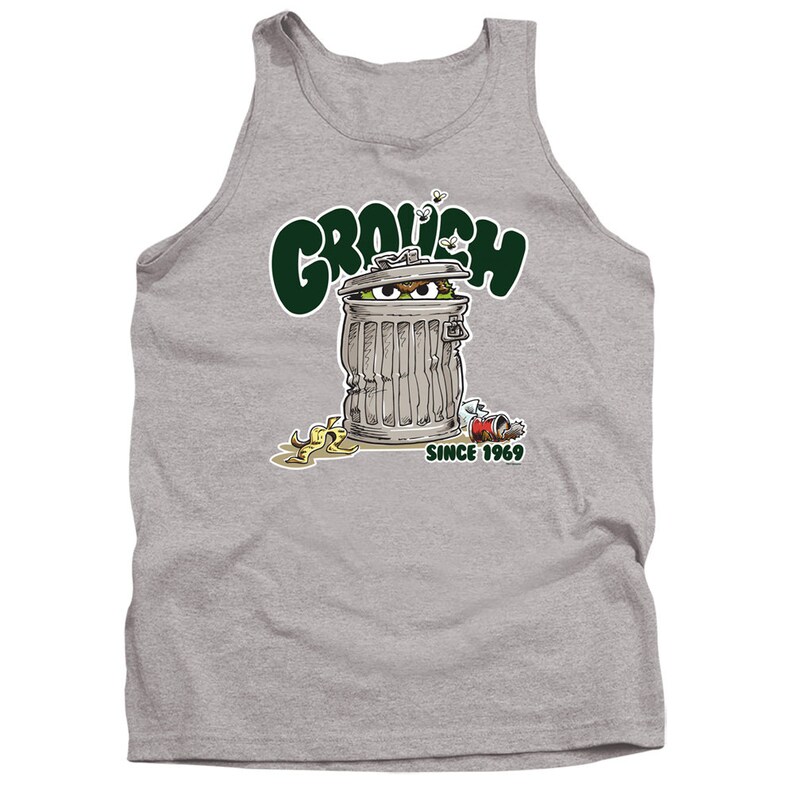 May include: A gray tank top with a green cartoon image of Oscar the Grouch from Sesame Street. Oscar is in a trash can with the words "Grouch Since 1969" printed below.