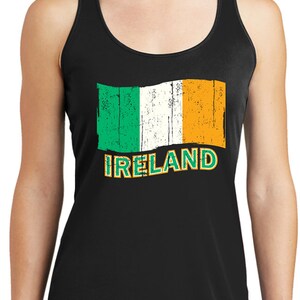 May include: Black tank top with a distressed Irish flag graphic and the word "IRELAND" printed below the flag.