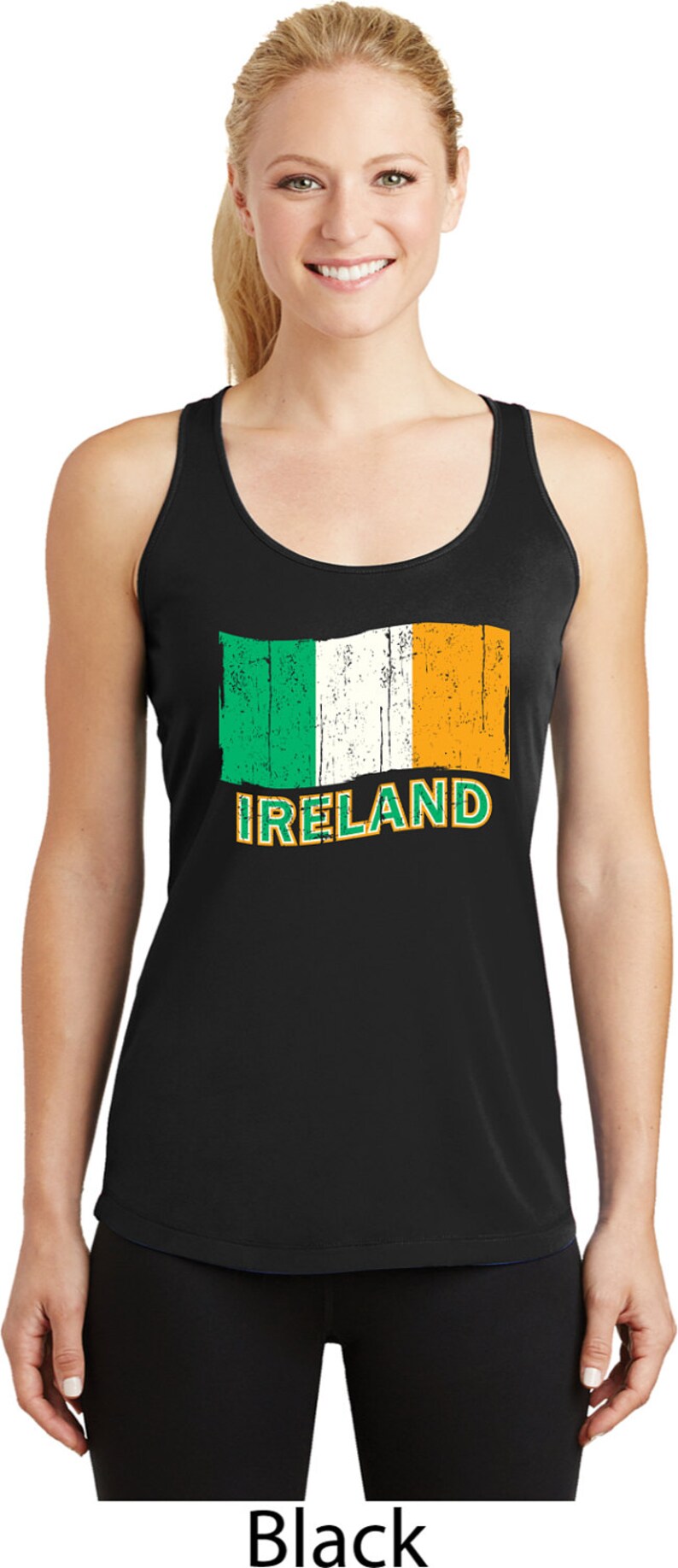 May include: Black tank top with a distressed Irish flag graphic and the word "IRELAND" printed below the flag.